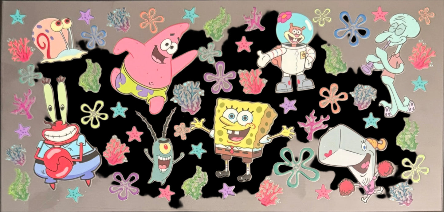 Cartoon characters on a patterned background