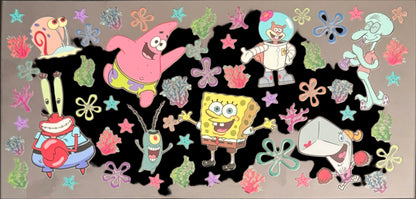 Cartoon characters on a patterned background